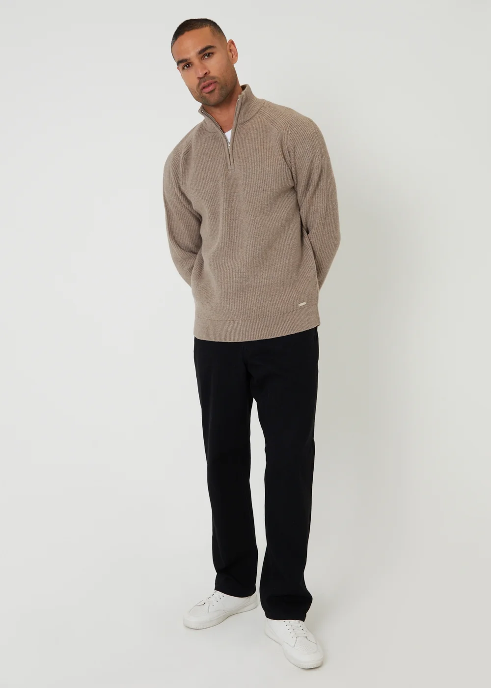 Threadbare Taupe Cotton Blend Rib Panel Quarter Zip Knitted Jumper - 2XL Image 3