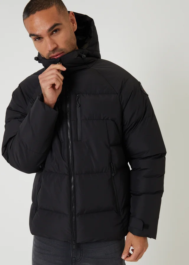 Threadbare Black Showerproof Ripstop Hooded Padded Coat