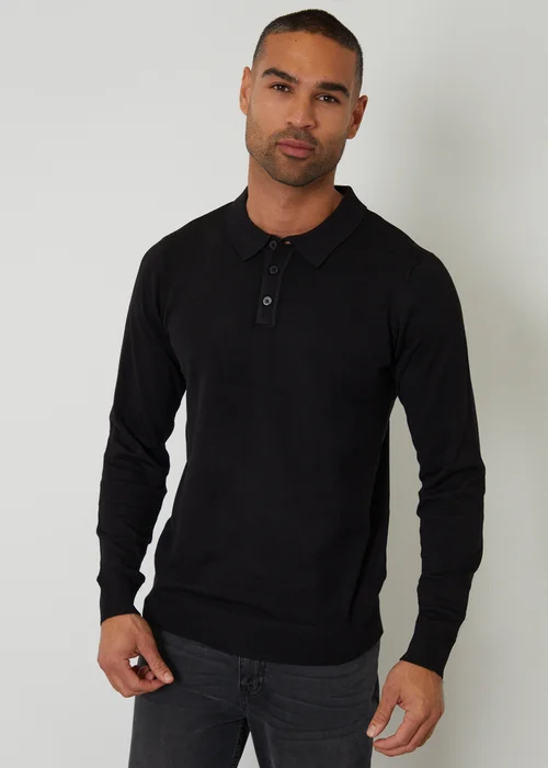 Threadbare Black Knitted Long Sleeve Polo Jumper - XXL Image 1