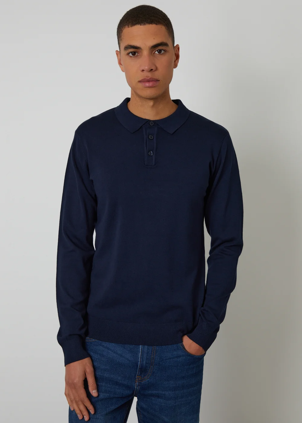 Threadbare Navy Knitted Long Sleeve Polo Jumper - Small Image 1