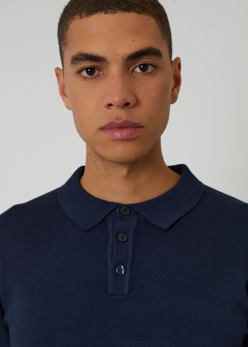 Threadbare Navy Knitted Long Sleeve Polo Jumper - Small Image 4