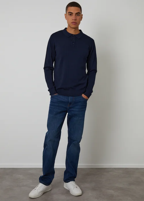 Threadbare Navy Knitted Long Sleeve Polo Jumper - Small Image 3