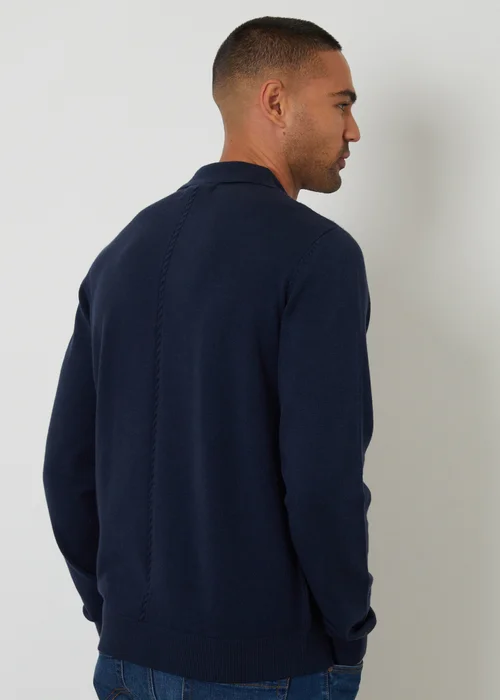 Threadbare Navy Cable Knit Long Sleeve Polo Jumper - XXL Image 2