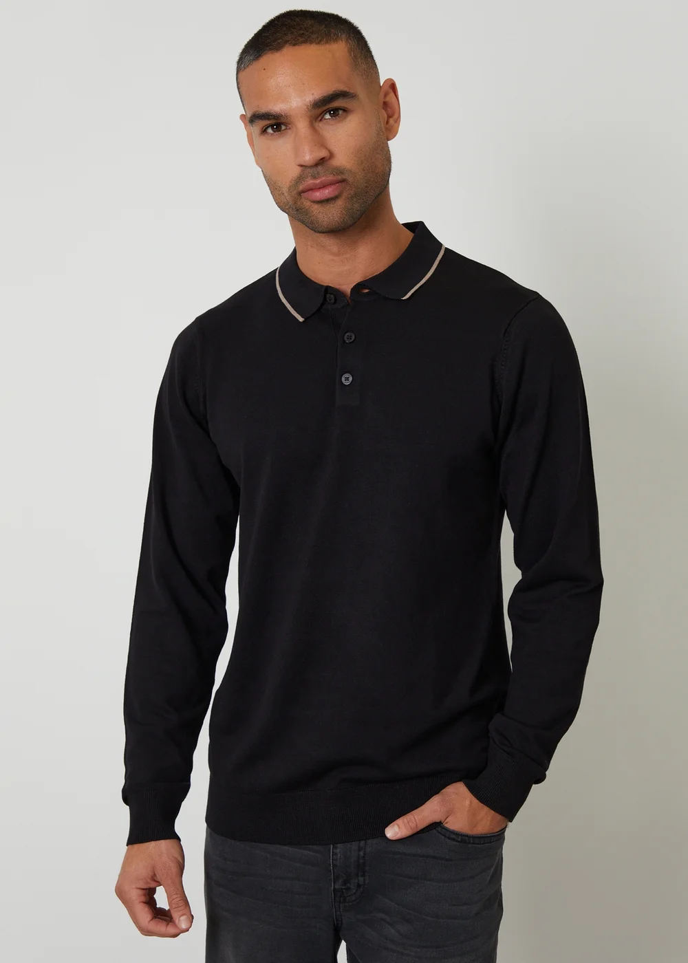 Threadbare Black Knitted Long Sleeve Polo Jumper - Large Image 1