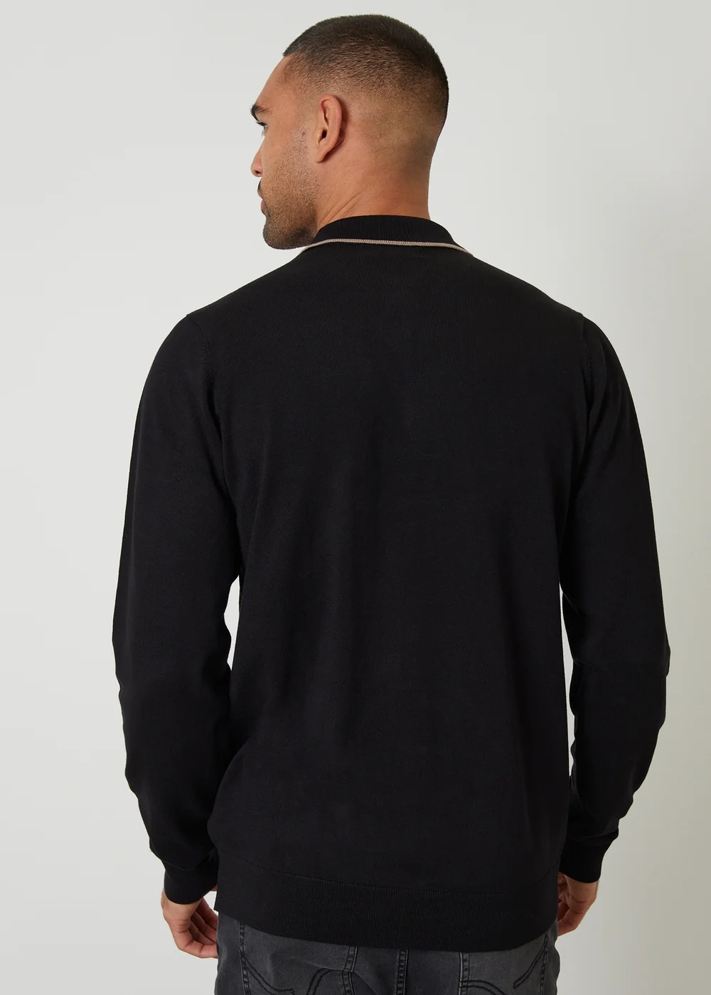 Threadbare Black Knitted Long Sleeve Polo Jumper - Large Image 2
