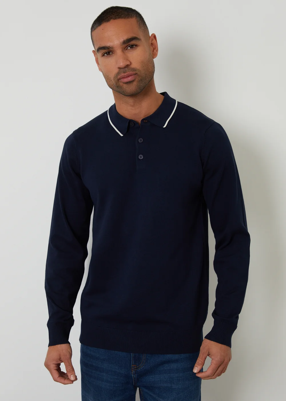 Threadbare Navy Knitted Long Sleeve Polo Jumper - Medium Image 1