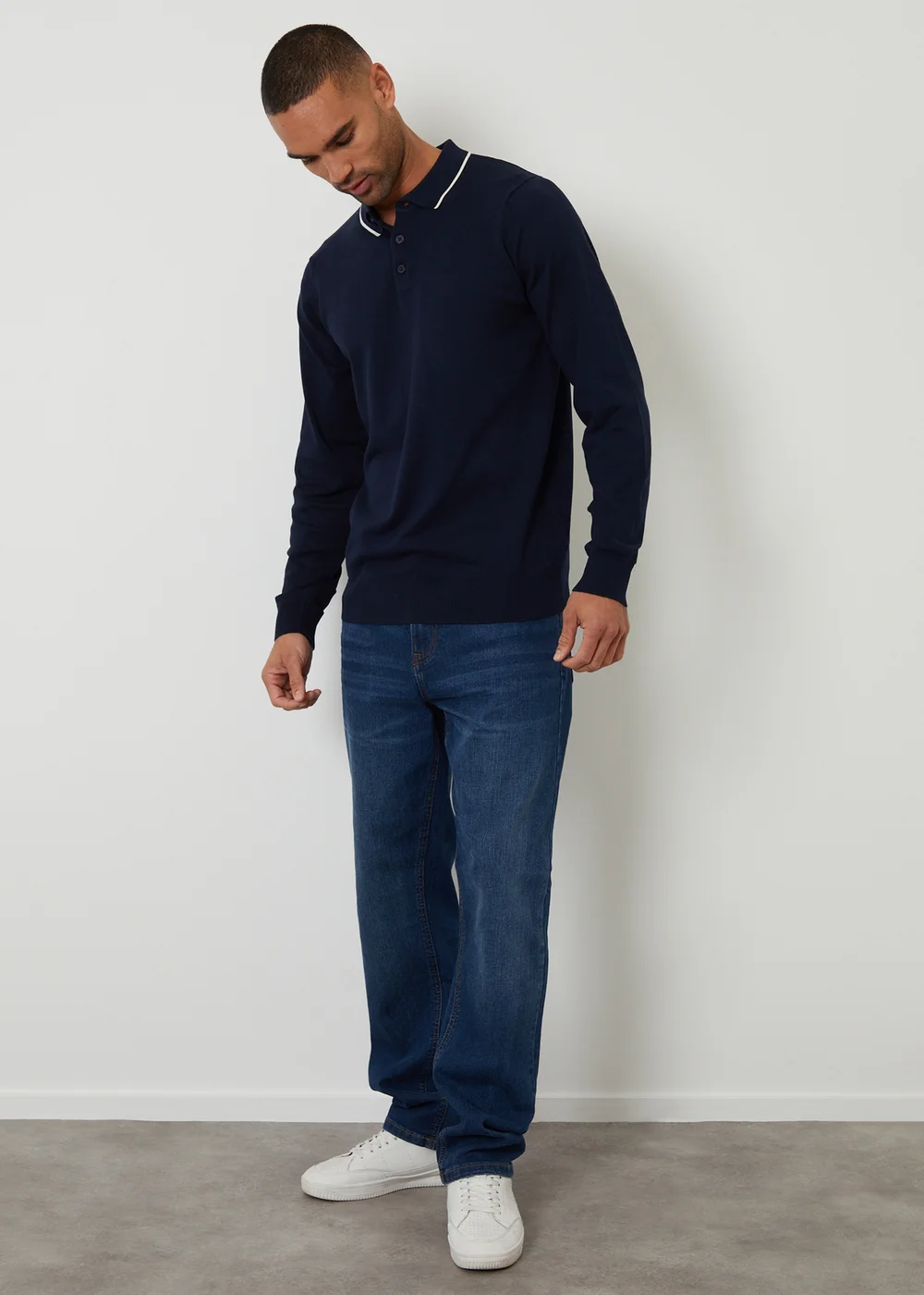 Threadbare Navy Knitted Long Sleeve Polo Jumper - M Image 3