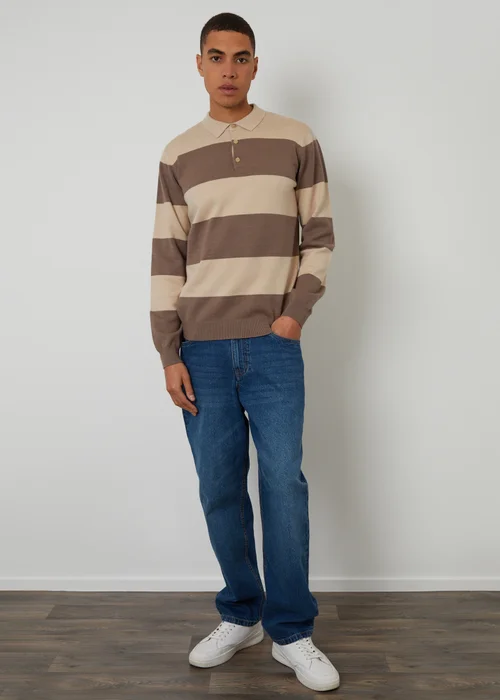 Threadbare Stone Striped Knitted Rugby Polo Jumper - Large Image 3