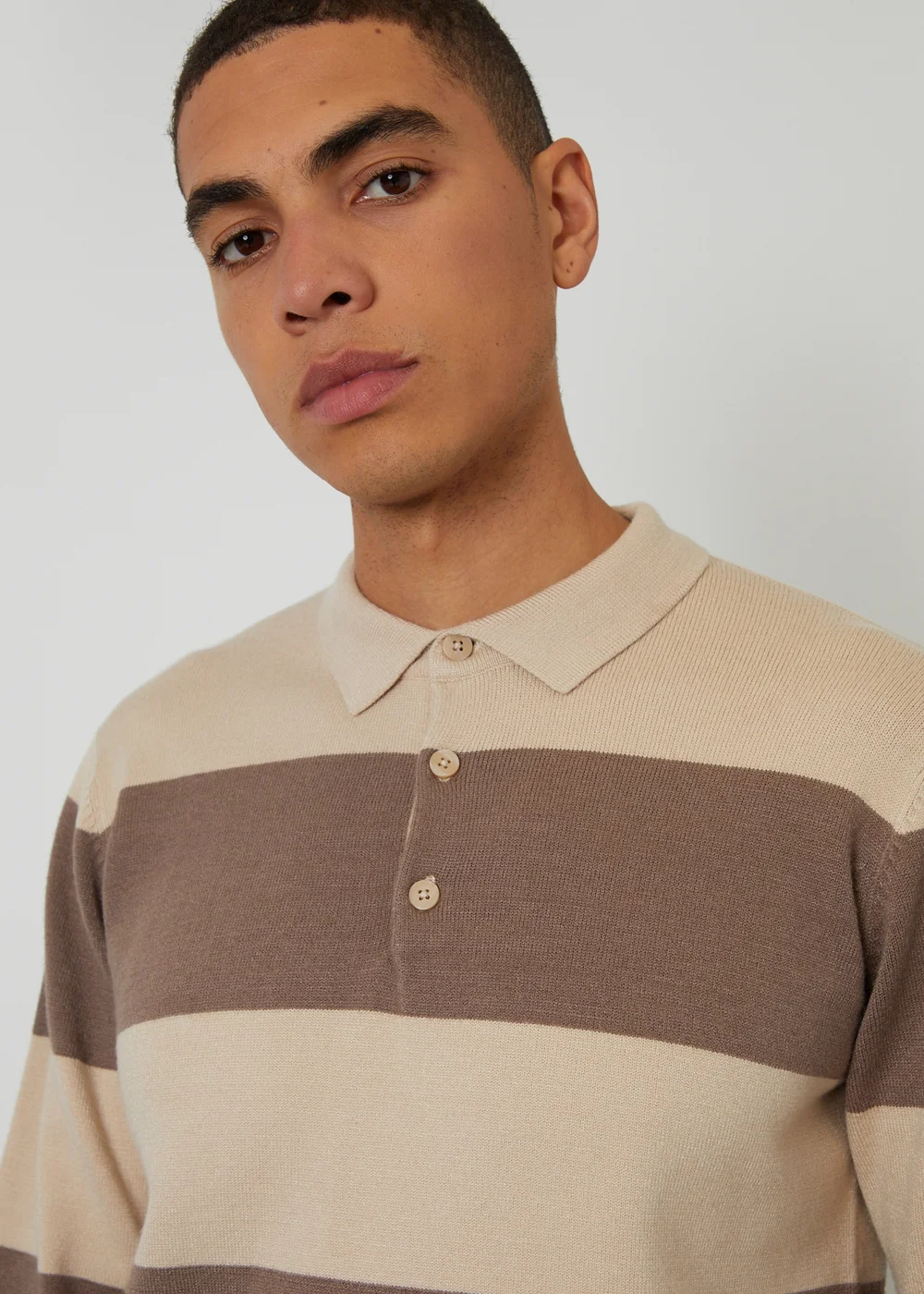 Threadbare Stone Striped Knitted Rugby Polo Jumper - L Image 4
