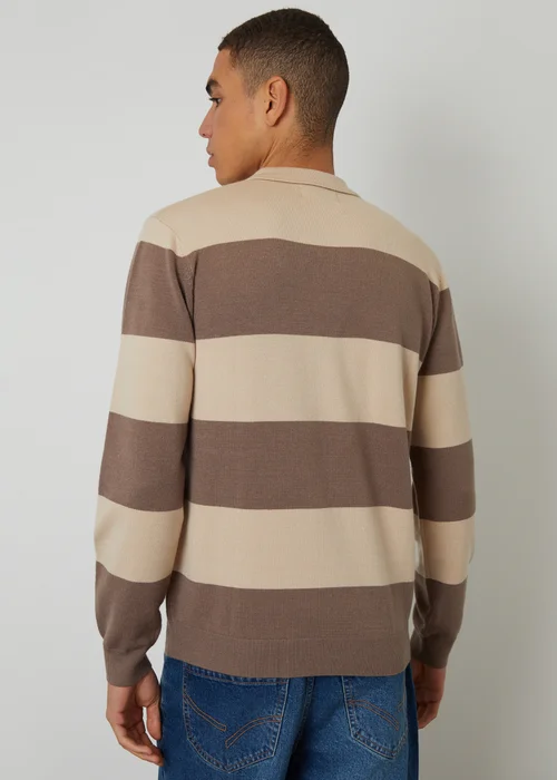 Threadbare Stone Striped Knitted Rugby Polo Jumper - Large Image 2