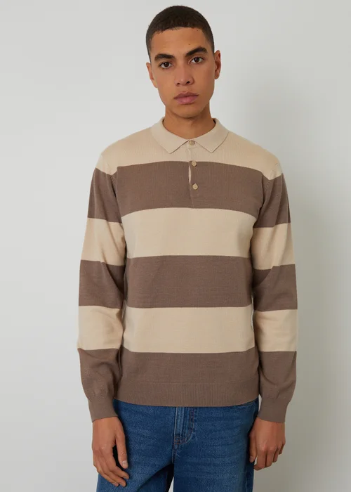 Threadbare Stone Striped Knitted Rugby Polo Jumper - Large Image 1