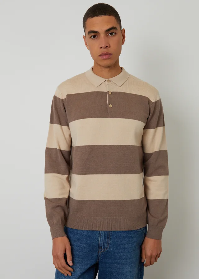 Threadbare Stone Striped Knitted Rugby Polo Jumper
