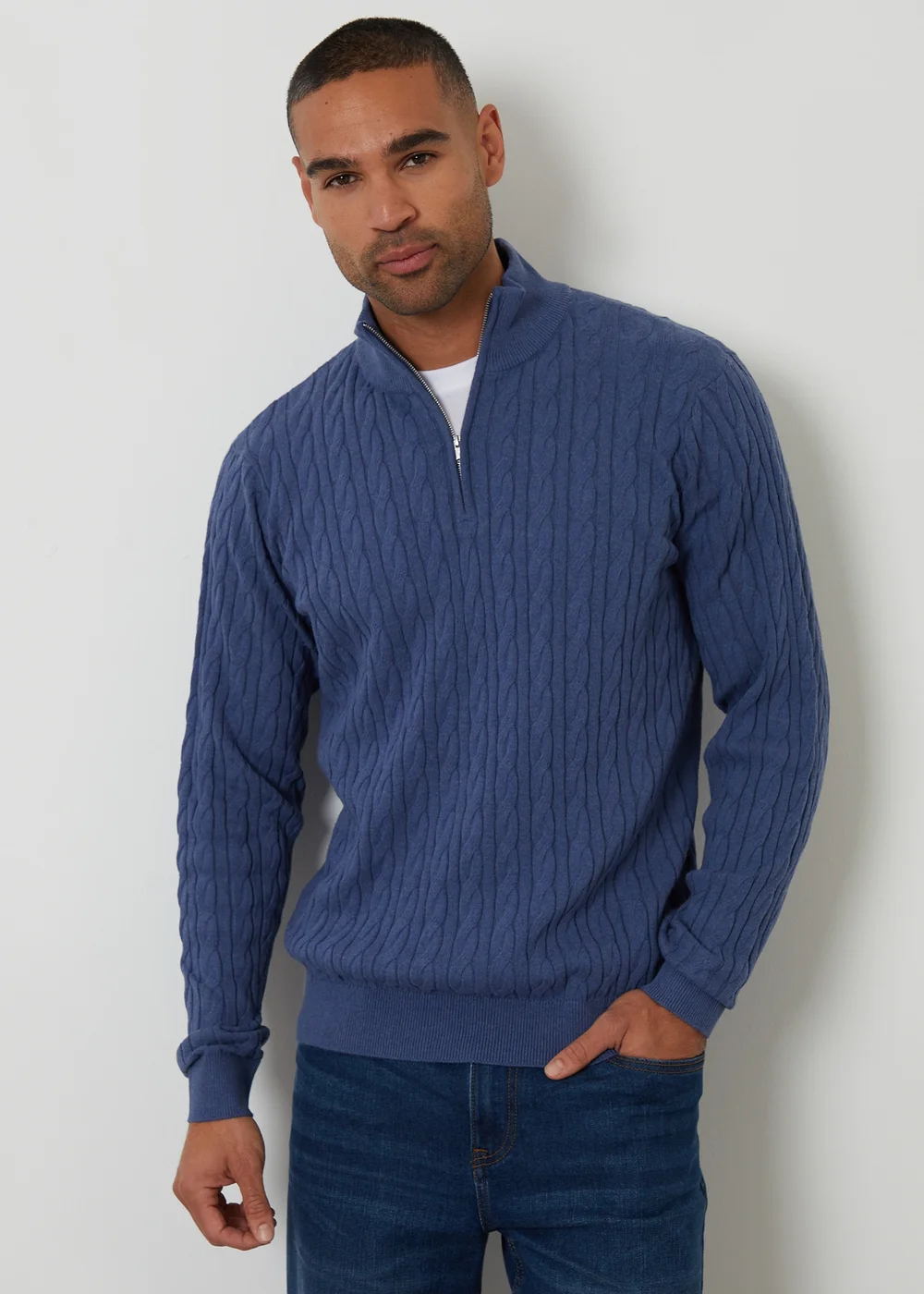 Threadbare Blue Cable Knit Quarter Zip Jumper - Large Image 1