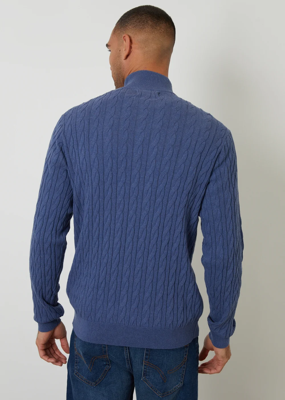 Threadbare Blue Cable Knit Quarter Zip Jumper - Large Image 2