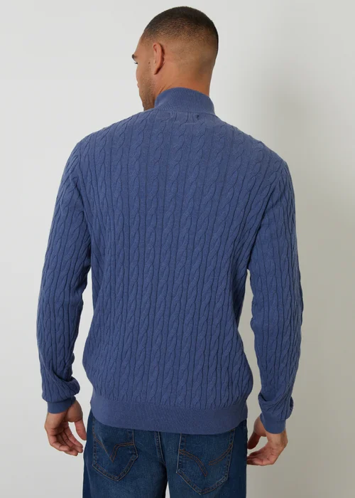 Threadbare Blue Cable Knit Quarter Zip Jumper - Large Image 2