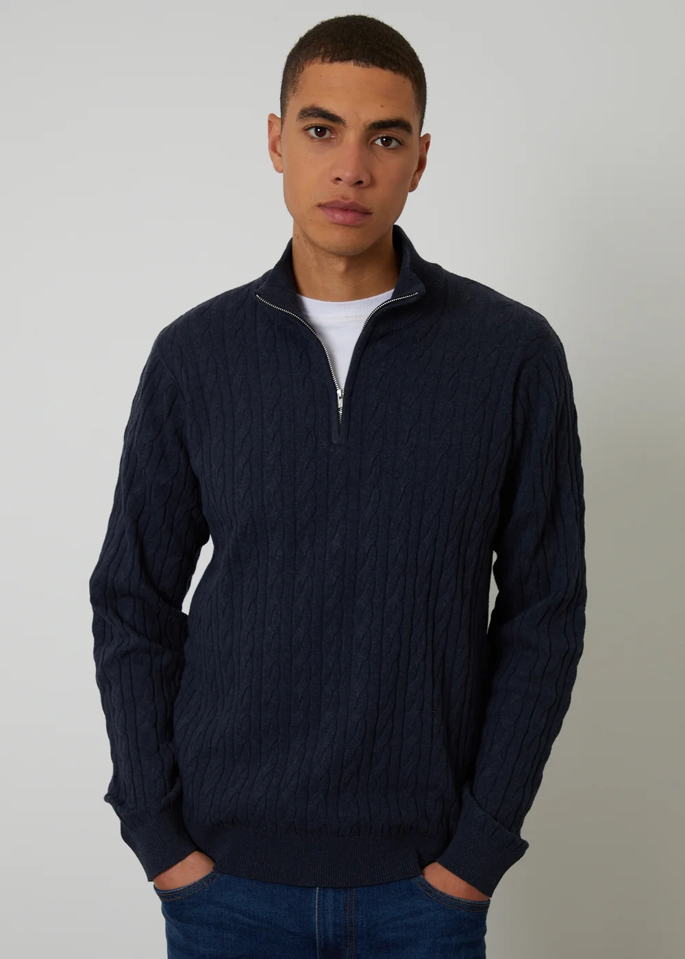 Threadbare Navy Cable Knit Quarter Zip Jumper - XXL Image 1