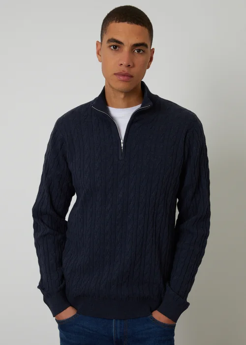 Threadbare Navy Cable Knit Quarter Zip Jumper - XXL Image 1