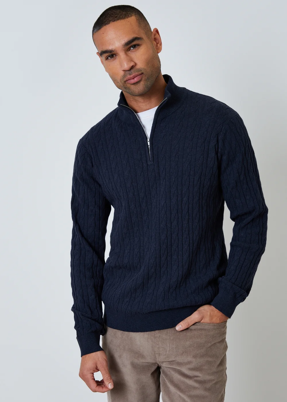 Threadbare Navy Cable Knit Quarter Zip Jumper - 2XL Image 1