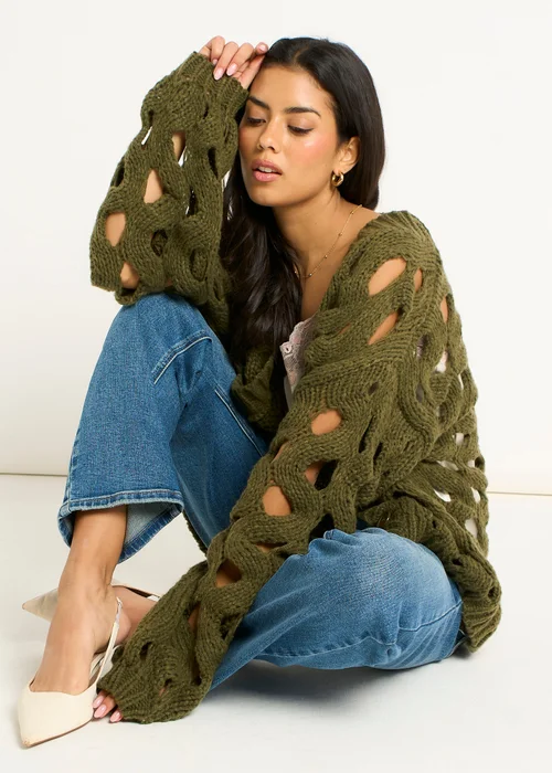 Gini London Khaki Hollow Chunky Knit Cardigan - L/XL Image 4