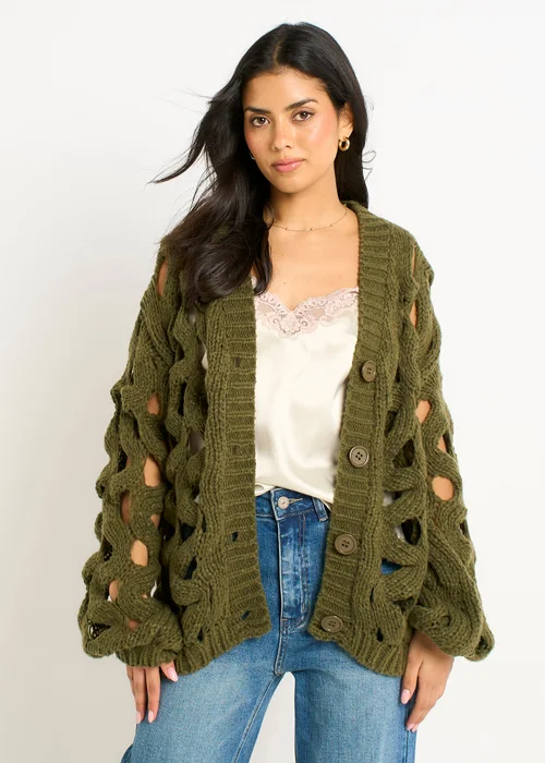 Gini London Khaki Hollow Chunky Knit Cardigan - L/XL Image 3