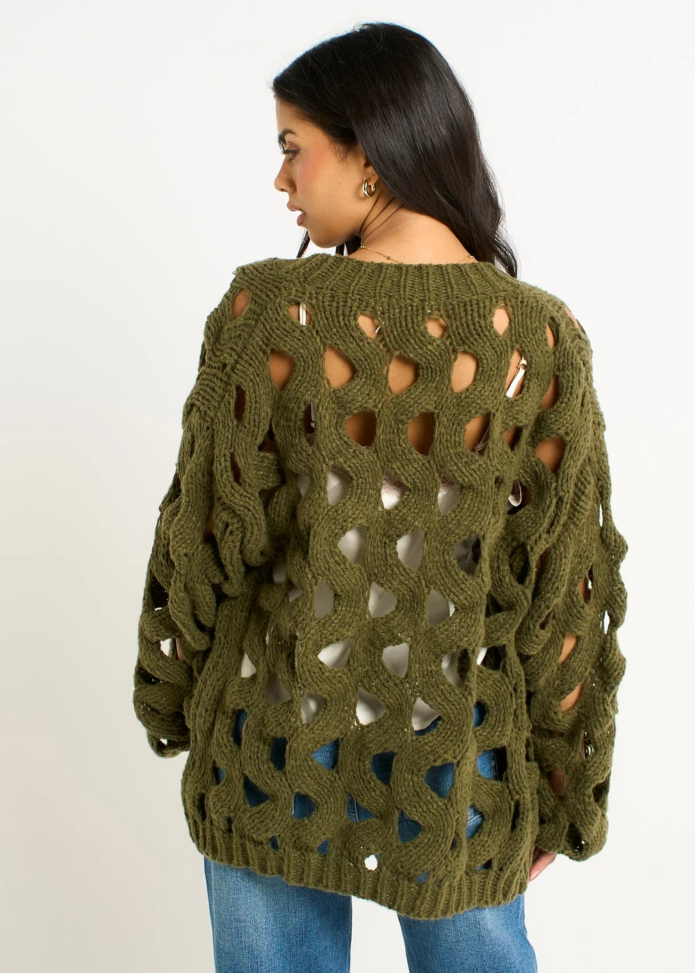 Gini London Khaki Hollow Chunky Knit Cardigan - L/XL Image 2