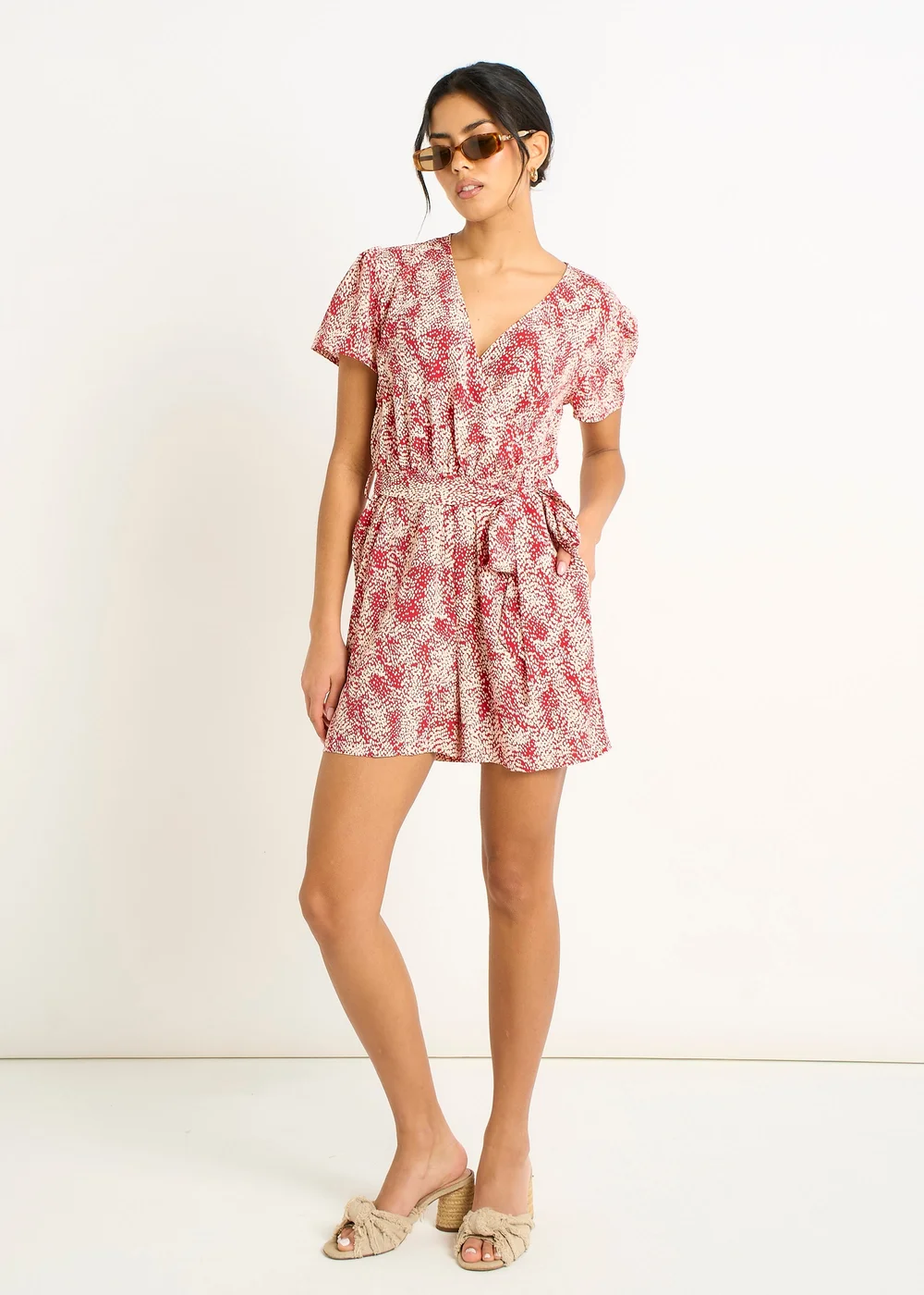 Gini London Red Abstract Animal Print Wrap Front Belted Playsuit - 8 Image 1