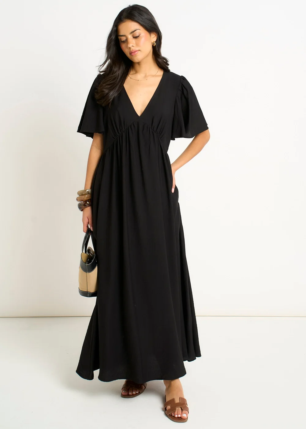 Gini London Black V Neck Angle Sleeves Skater Maxi Dress - 10 Image 1