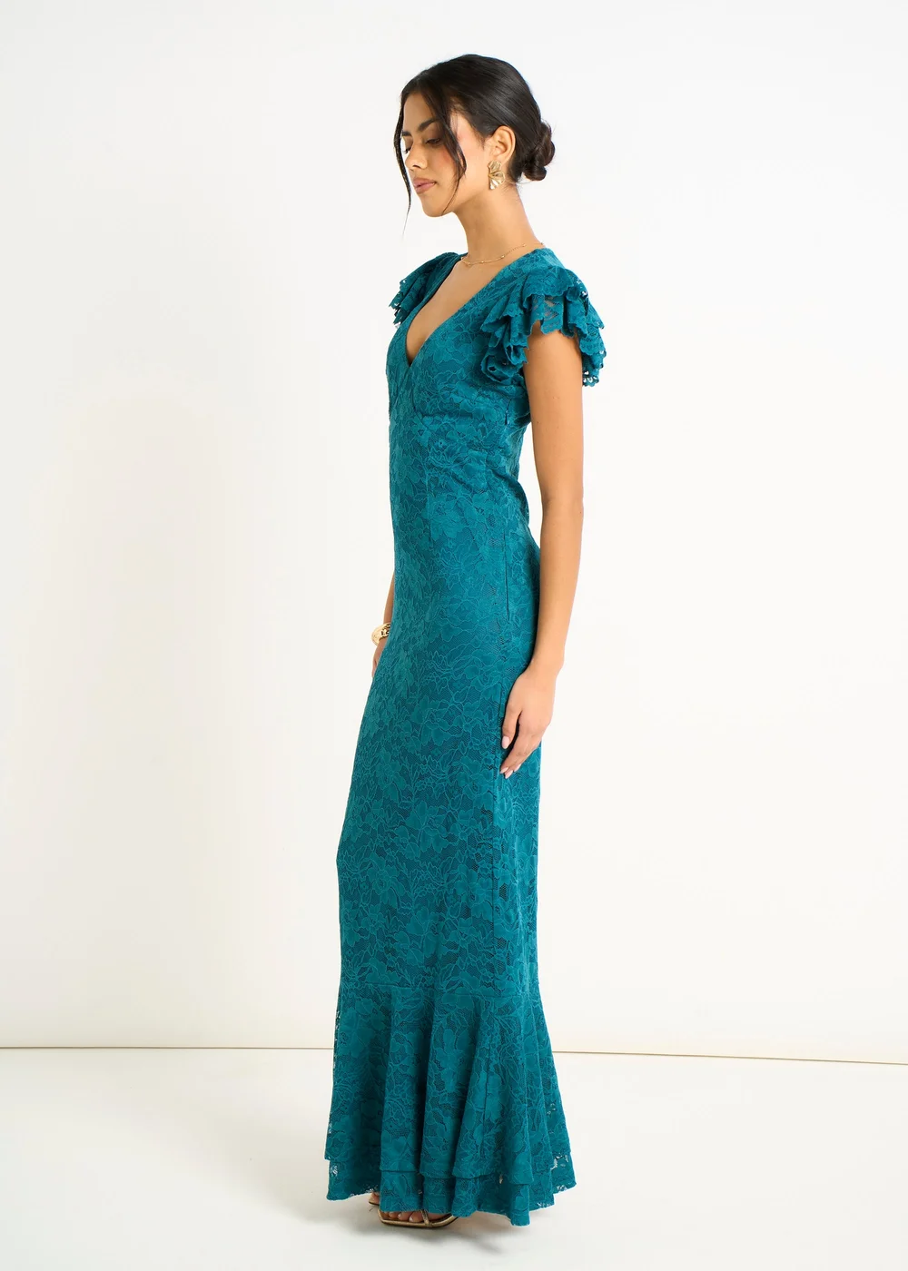 Gini London Teal Jersey Lace V Neck Ruffle Maxi Dress - 16 Image 5