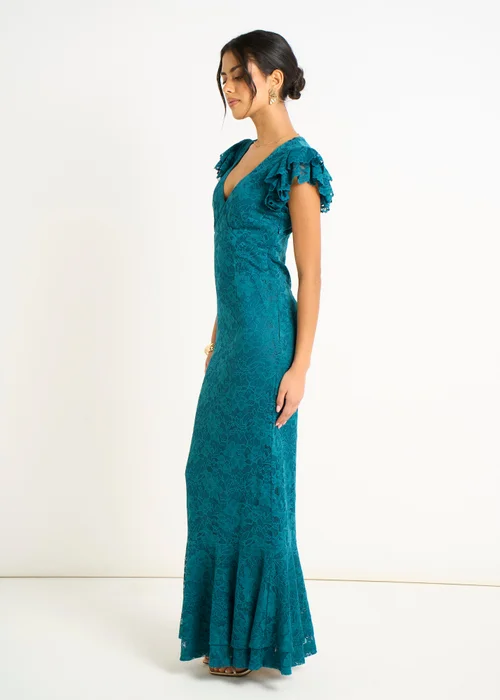 Gini London Teal Jersey Lace V Neck Ruffle Maxi Dress - 16 Image 5