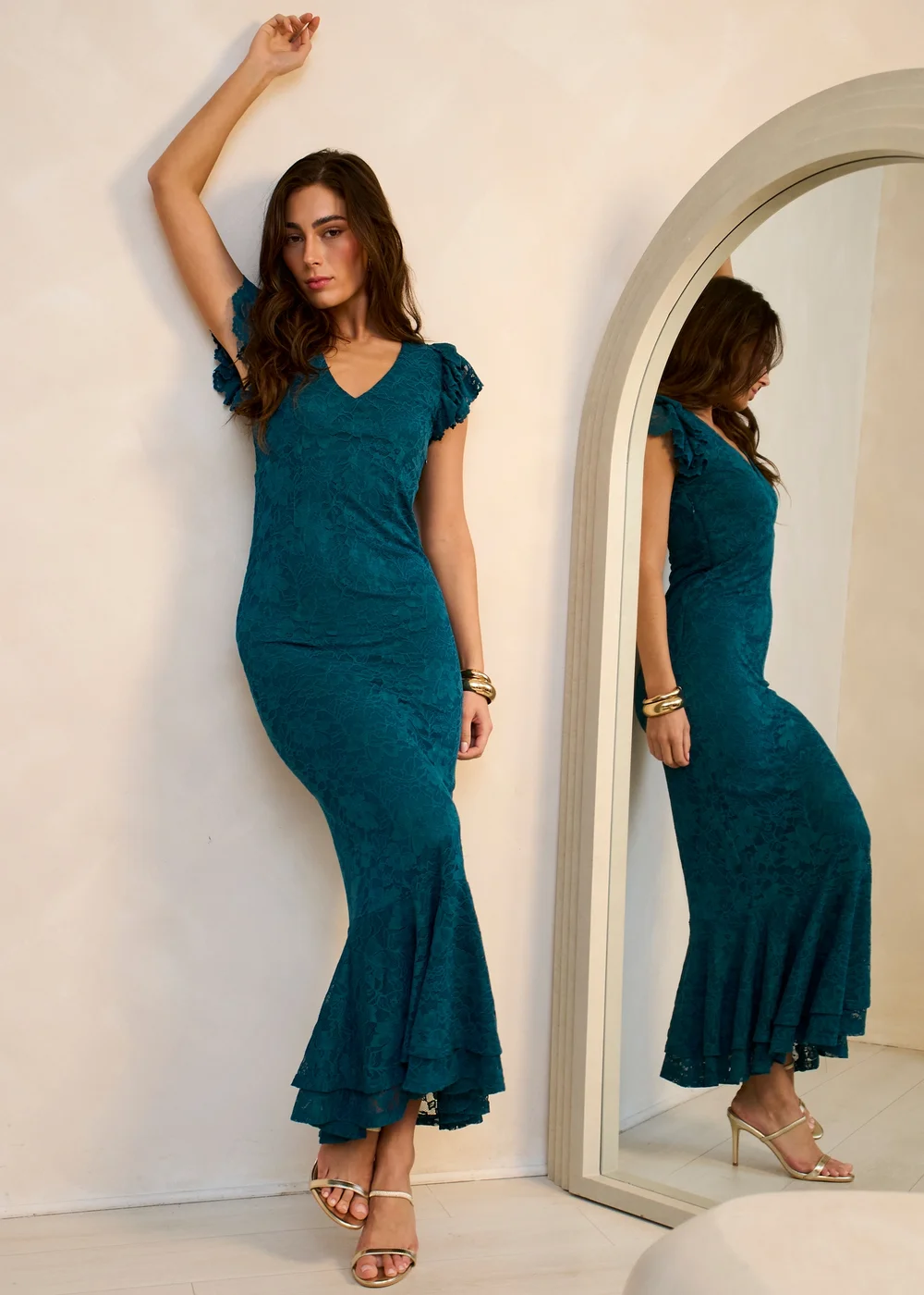 Gini London Teal Jersey Lace V Neck Ruffle Maxi Dress - 16 Image 1