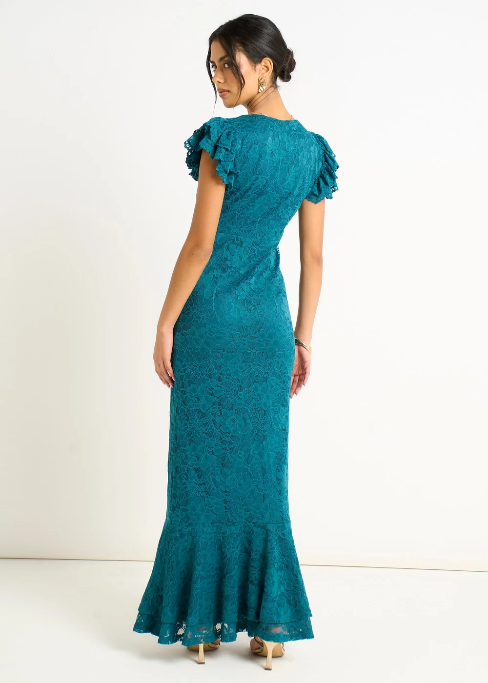 Gini London Teal Jersey Lace V Neck Ruffle Maxi Dress - 16 Image 3