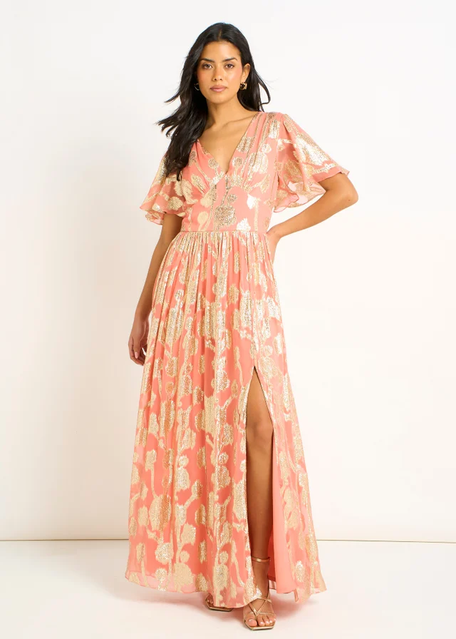 Gini London Pink Metallic Jacquard Flutter Sleeves Floral Maxi Dress