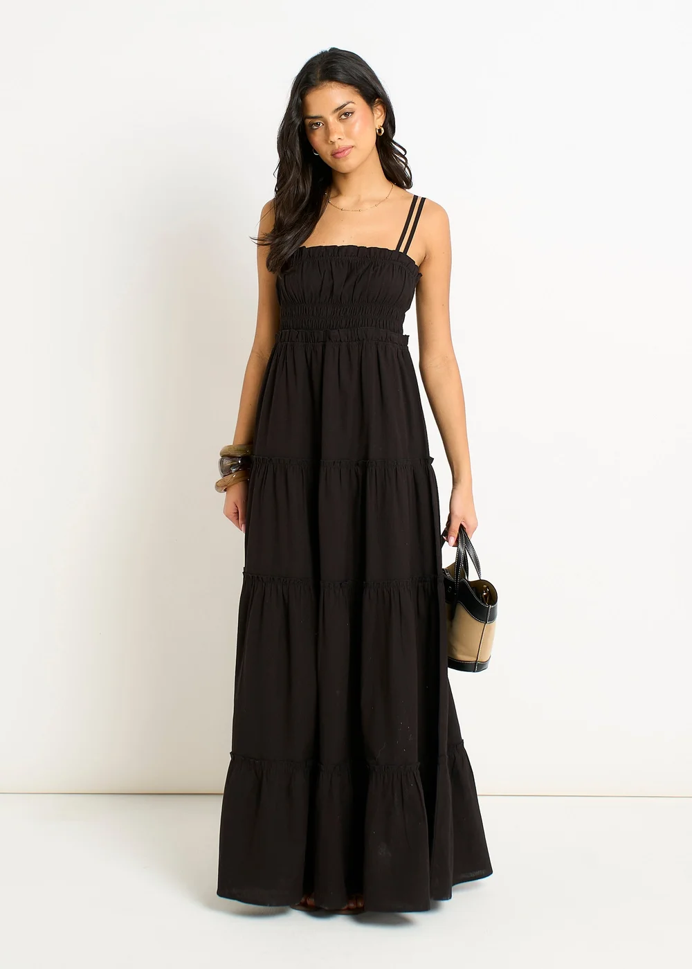 Gini London Black Cotton Shirred Strappy Flare Maxi Dress - 12 Image 1