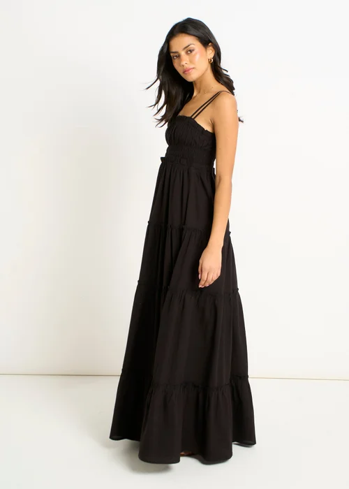 Gini London Black Cotton Shirred Strappy Flare Maxi Dress - 12 Image 4
