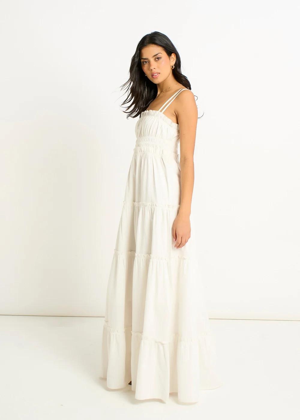 Gini London White Cotton Shirred Strappy Flare Maxi Dress - 14 Image 4