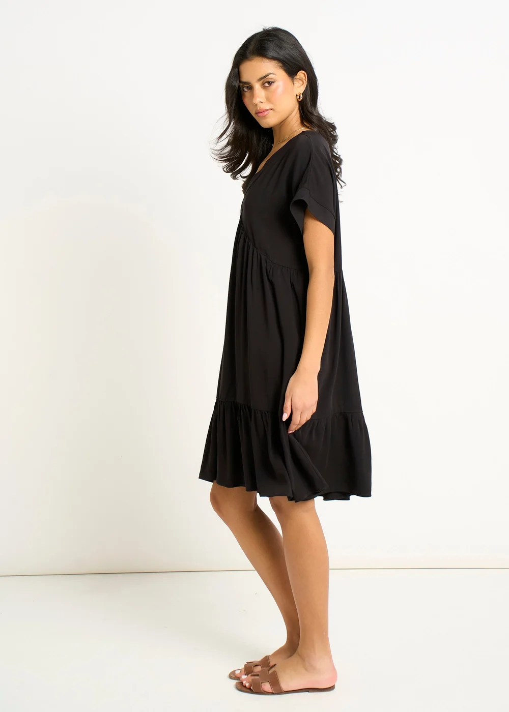 Gini London Black V Neck Tiered Mini Smock Dress - S/M Image 4