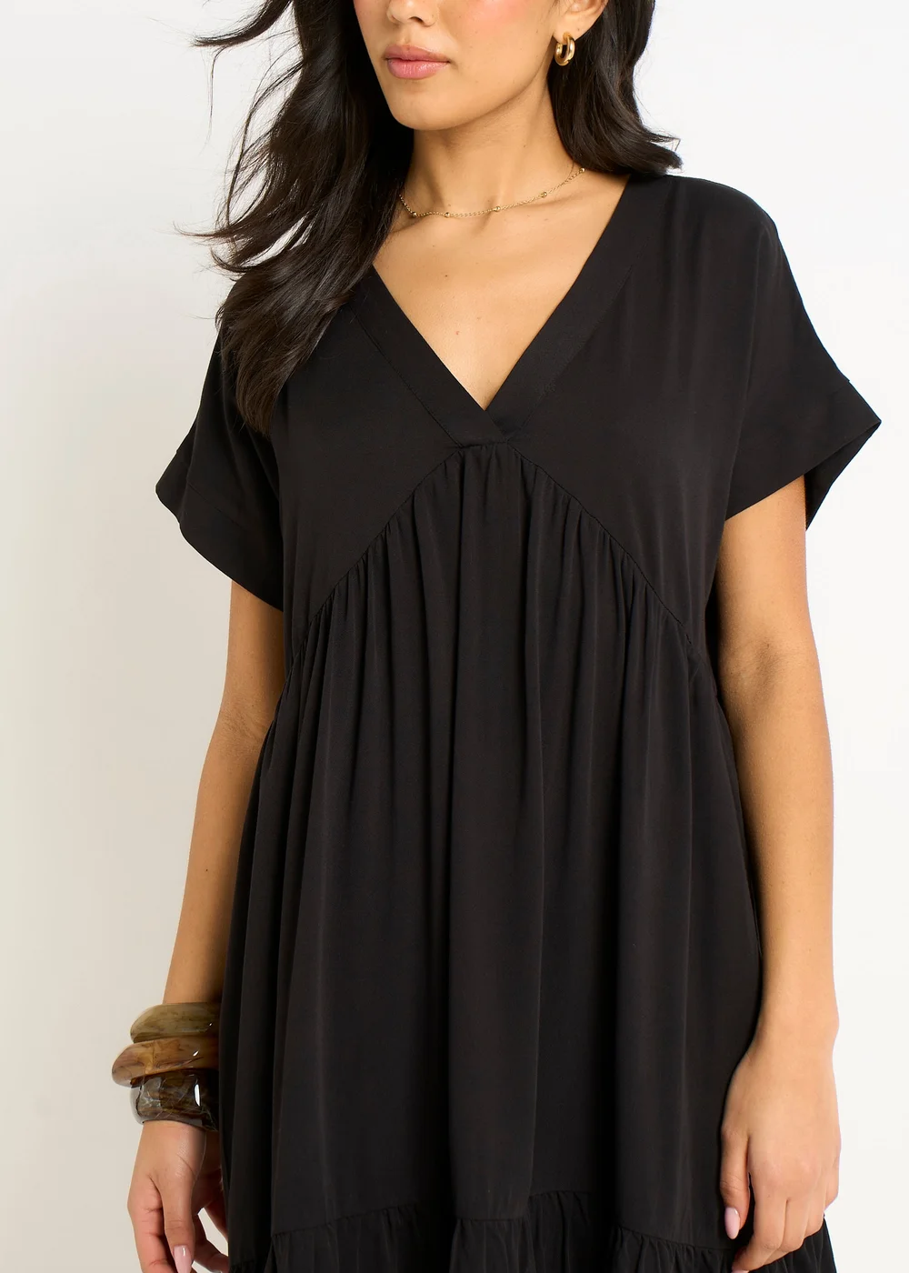 Gini London Black V Neck Tiered Mini Smock Dress - S/M Image 3