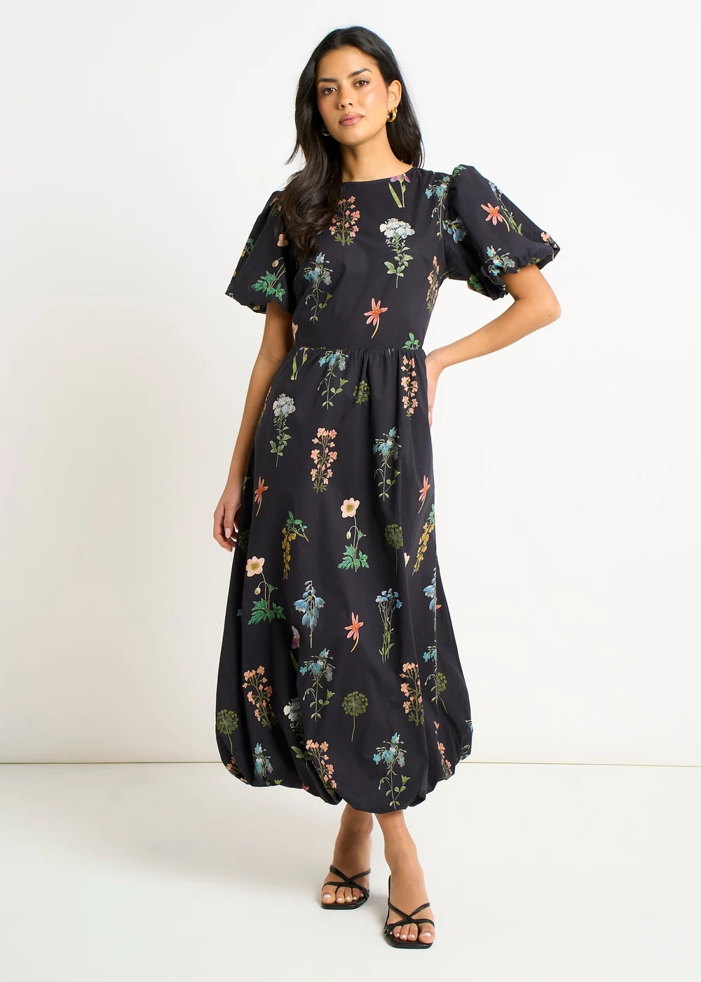 Gini London Navy Cotton Floral Print Puff Ball Midi Dress - 10 Image 2