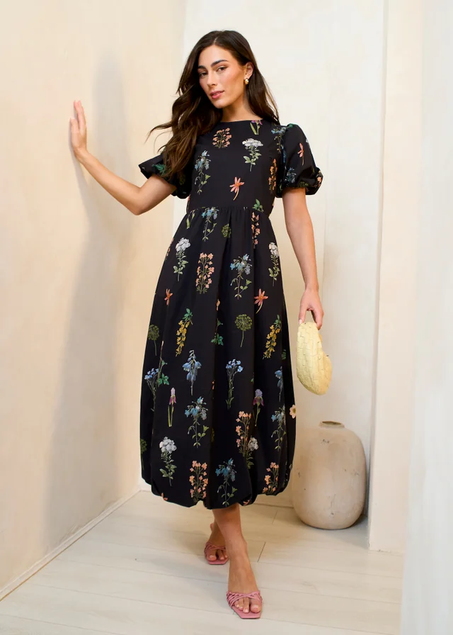 Gini London Navy Cotton Floral Print Puff Ball Midi Dress