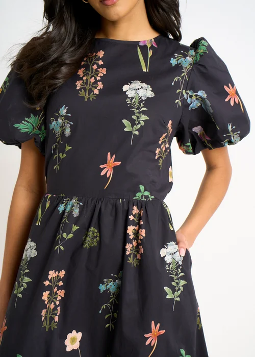Gini London Navy Cotton Floral Print Puff Ball Midi Dress - 10 Image 4