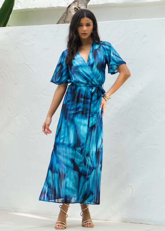 Gini London Blue Tie Dye Print Wrap Midi Dress