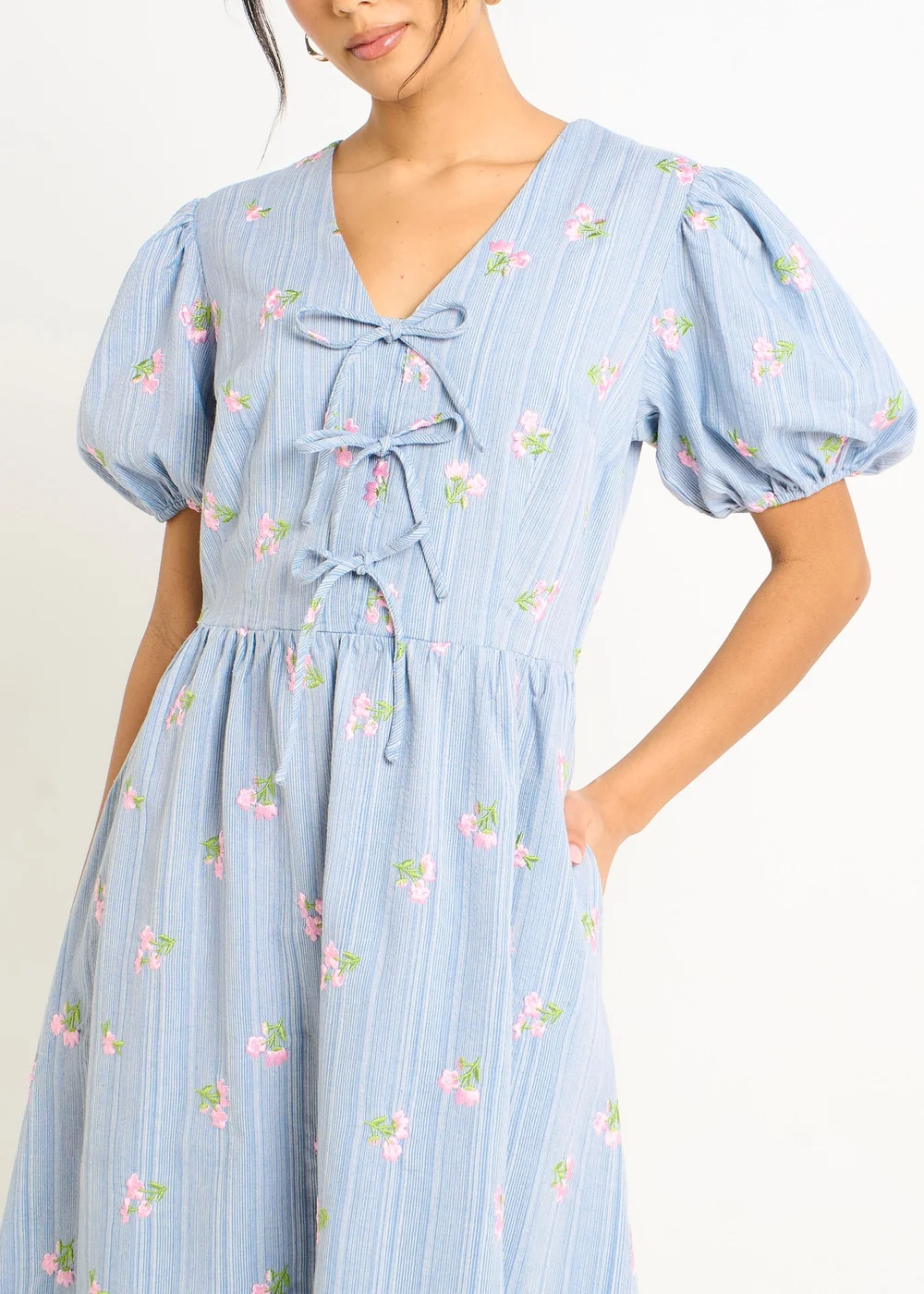 Gini London Blue Cotton Mix Tie Detail Puff Sleeves Midi Dress - 8 Image 4