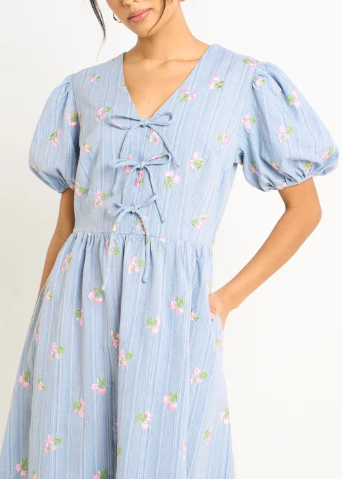 Gini London Blue Cotton Mix Tie Detail Puff Sleeves Midi Dress - 8 Image 4