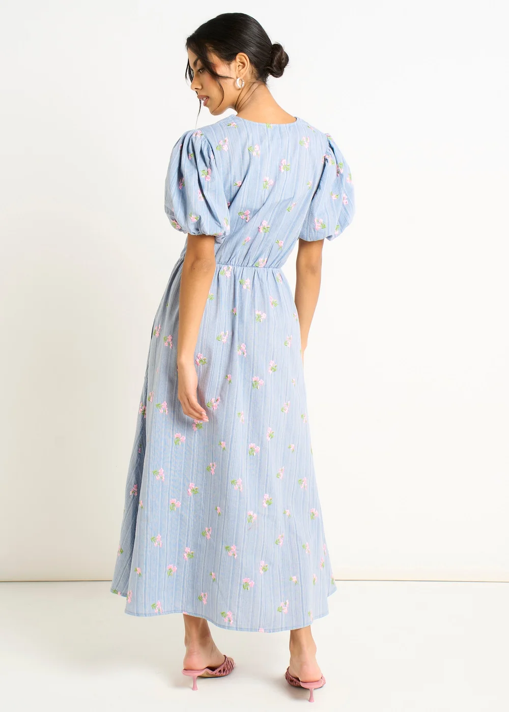 Gini London Blue Cotton Mix Tie Detail Puff Sleeves Midi Dress - 8 Image 3