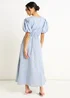 Gini London Blue Cotton Mix Tie Detail Puff Sleeves Midi Dress - 8 Image 3