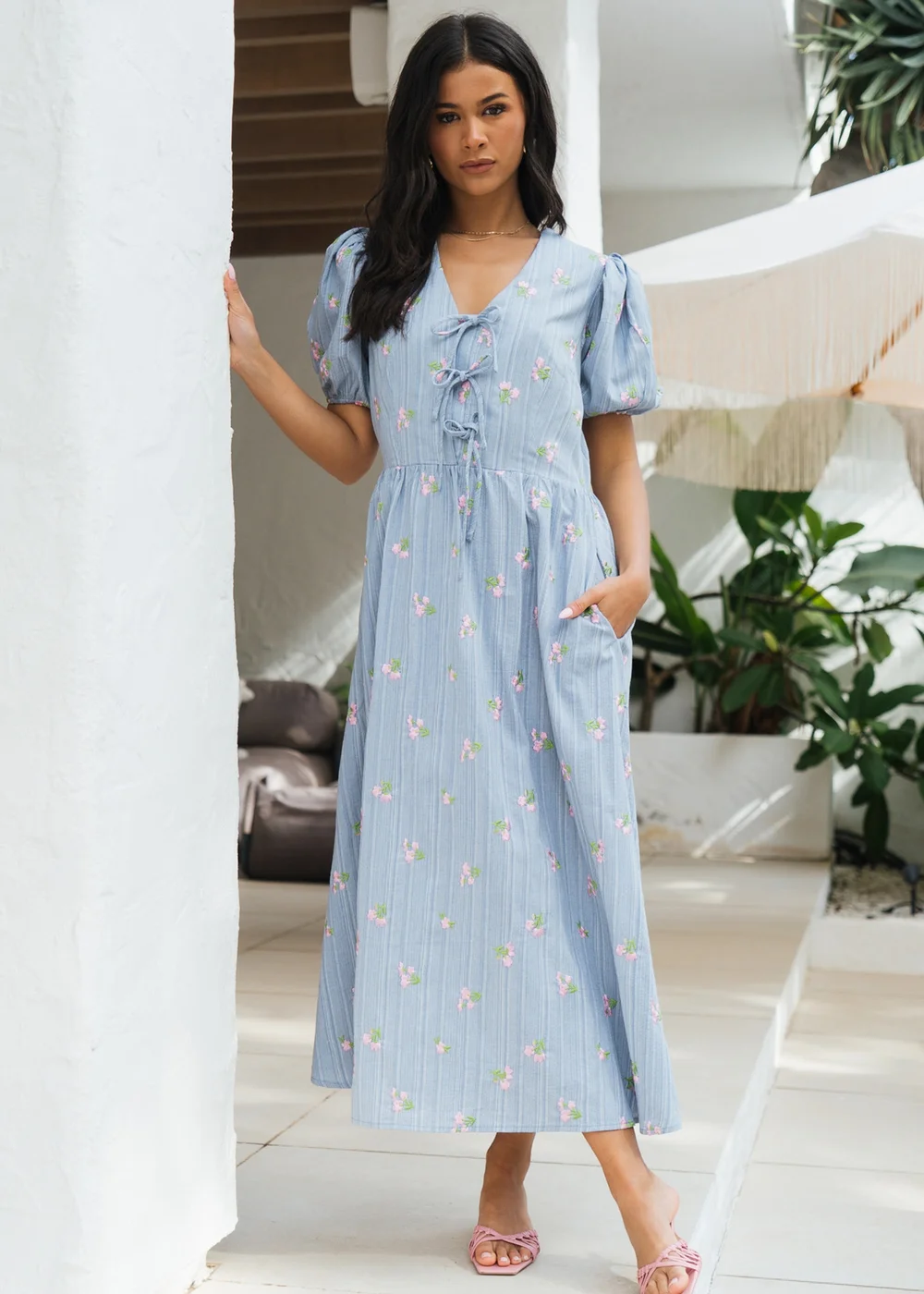 Gini London Blue Cotton Mix Tie Detail Puff Sleeves Midi Dress - 8 Image 1