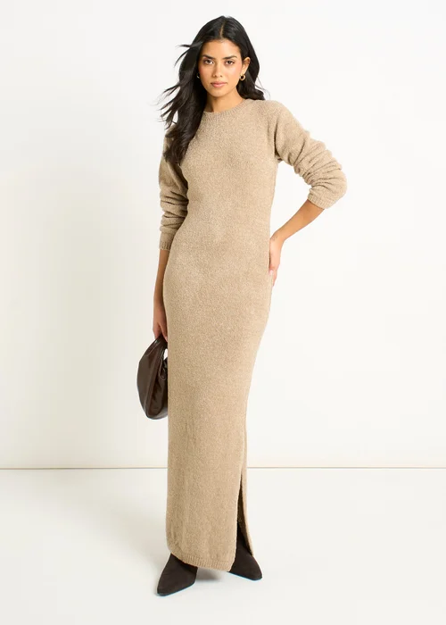 Gini London Oatmeal Jersey Boucle Bodycon Maxi Dress - S/M Image 1