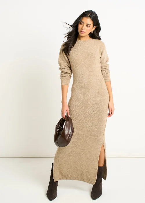 Gini London Oatmeal Jersey Boucle Bodycon Maxi Dress - S/M Image 4