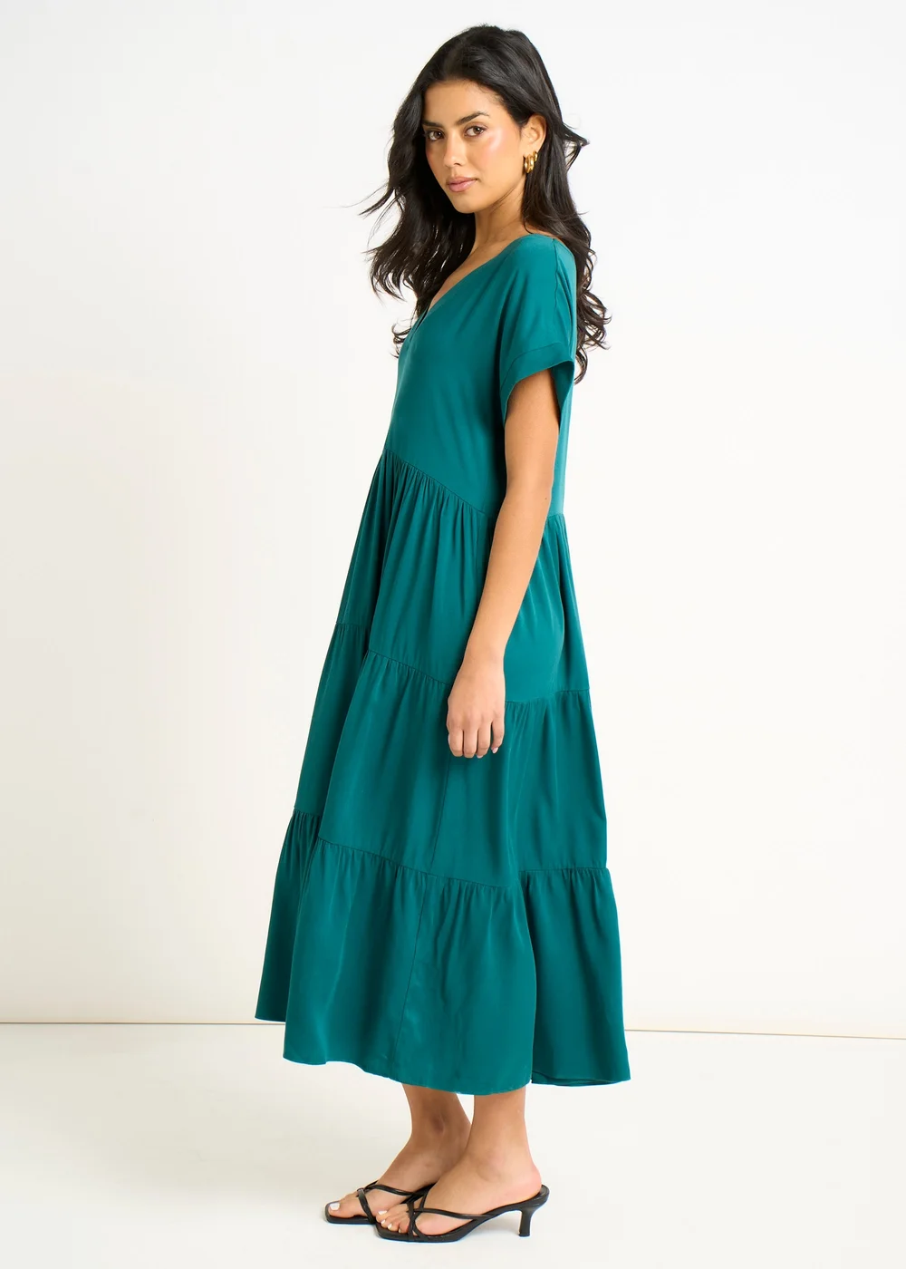 Gini London Green V Neck Pocket Smock Midi Dress - M/L Image 4