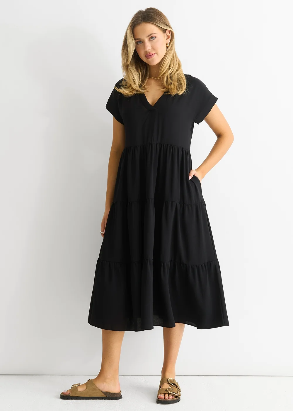 Gini London Black V Neck Pocket Smock Midi Dress - M/L Image 1